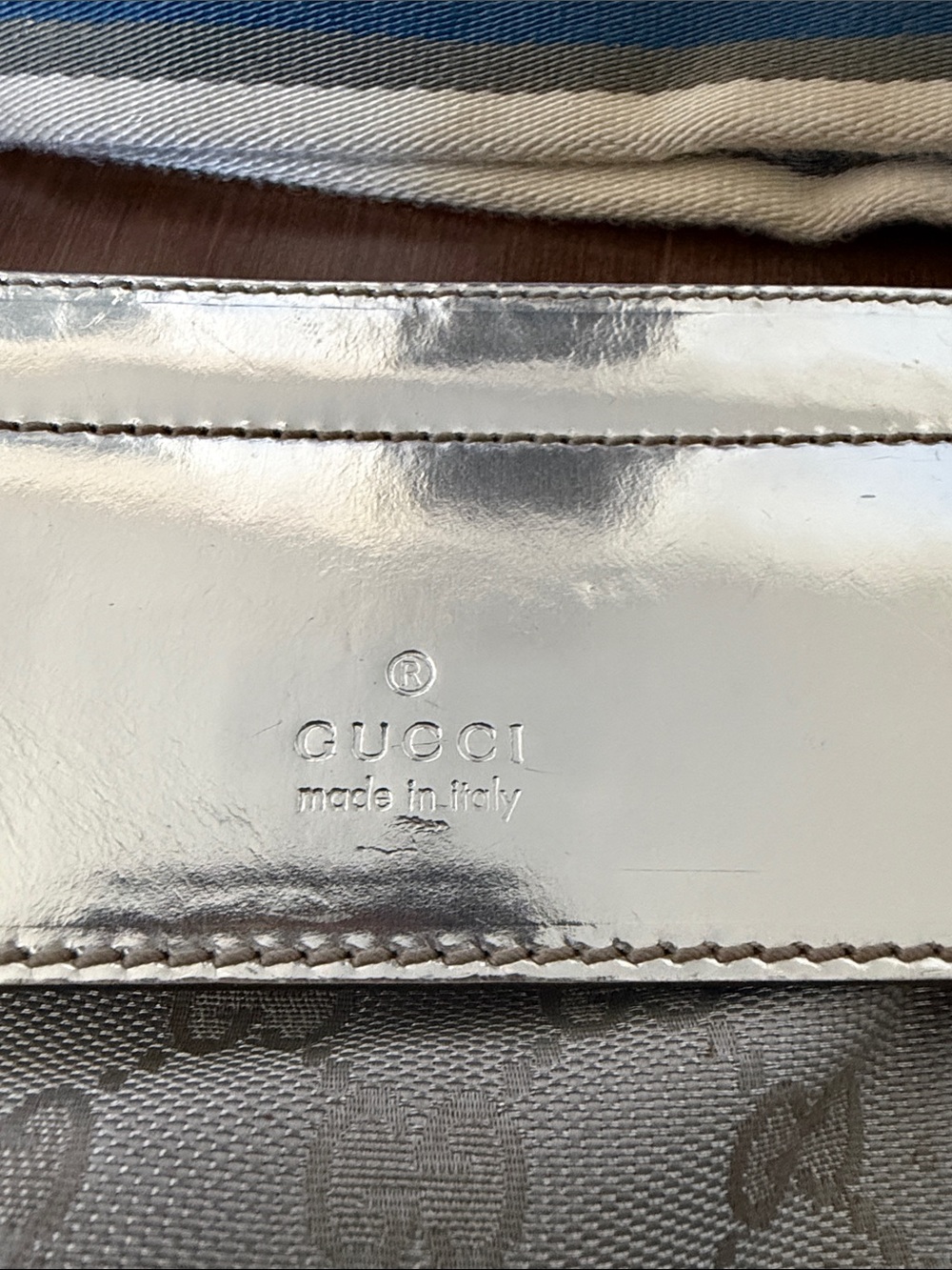 Gucci Light Gray Monogram Waist Bag with Blue-Striped Strap - Picture 2 of 5